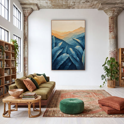 Blue Banana Leaf Mountain Boho wall art in a warm boho-style room – large blue banana leaves in front of layered