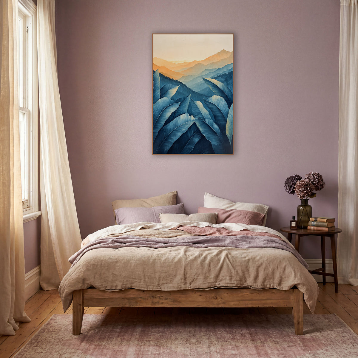 Blue Banana Leaf Mountain Boho wall art in a warm boho-style room – large blue banana leaves in front of layered