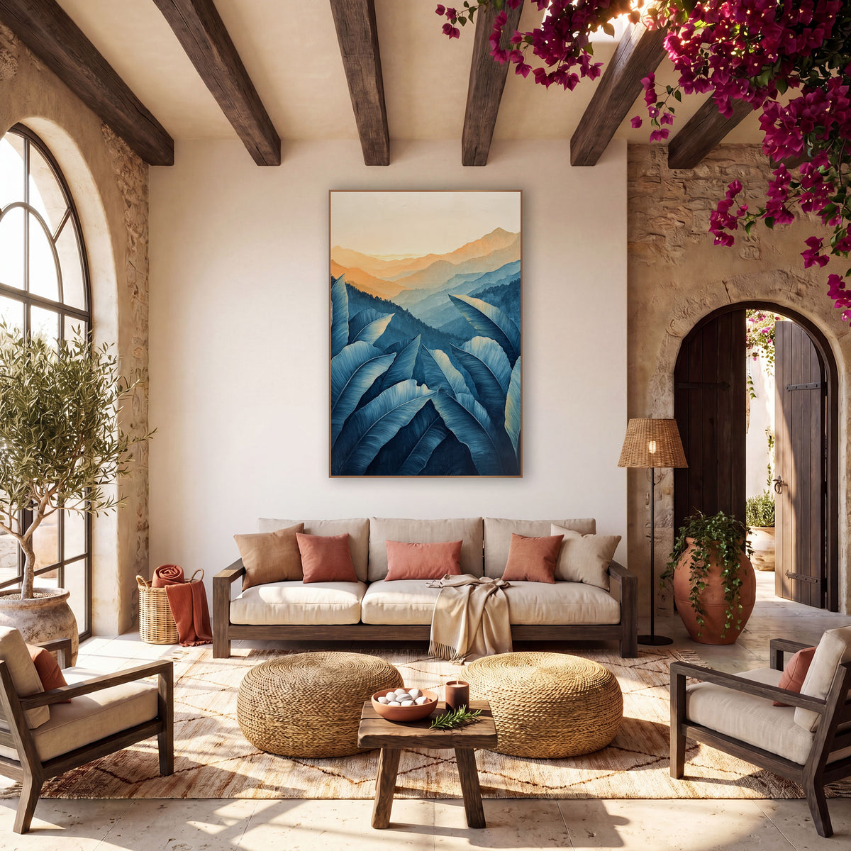 Blue Banana Leaf Mountain Boho wall art in a warm boho-style room – large blue banana leaves in front of layered