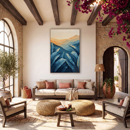 Blue Banana Leaf Mountain Boho wall art in a warm boho-style room – large blue banana leaves in front of layered