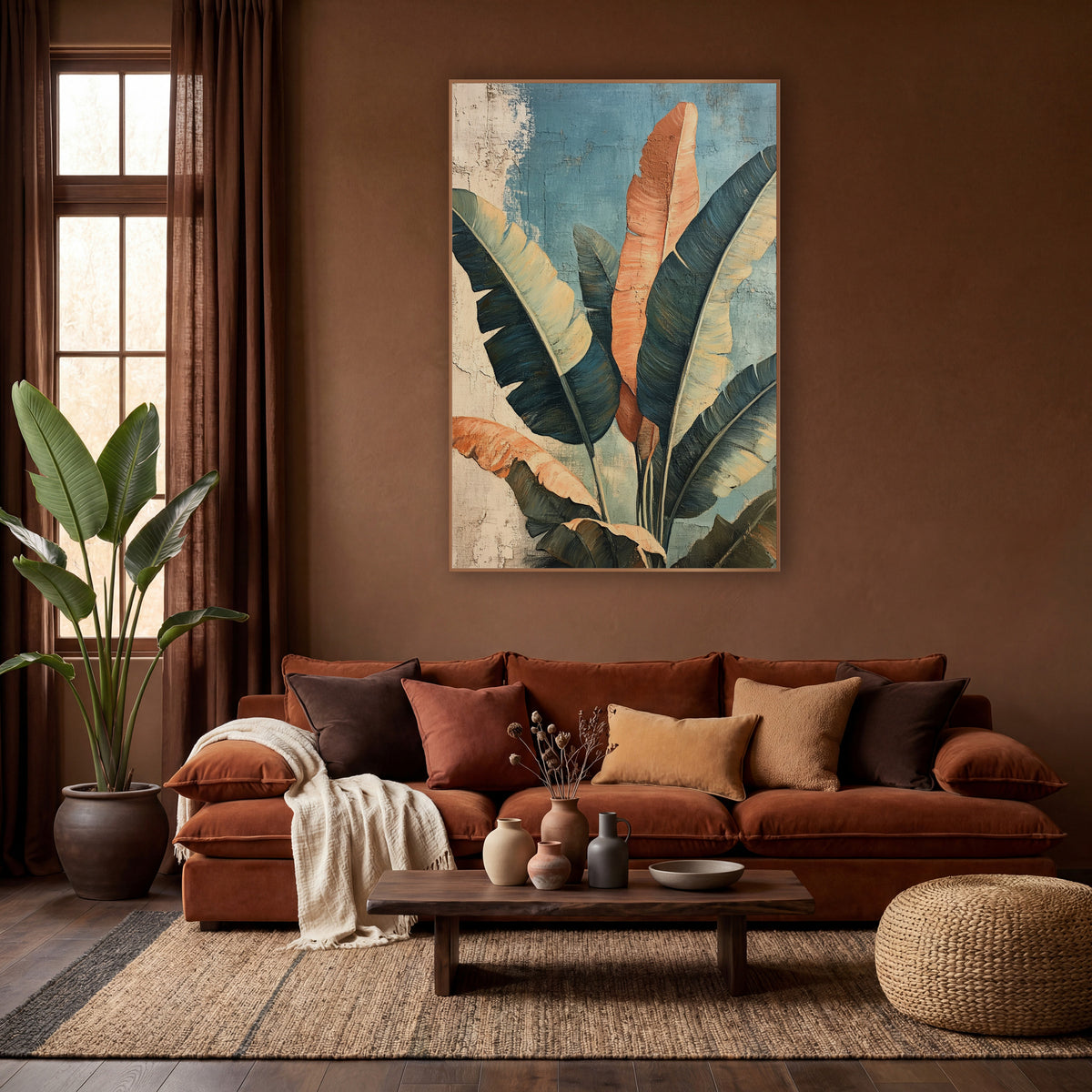Terracotta Banana Leaf Boho Botanical wall art in a warm boho-style room – banana leaves in teal, sage green