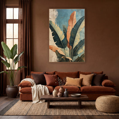 Terracotta Banana Leaf Boho Botanical wall art in a warm boho-style room – banana leaves in teal, sage green