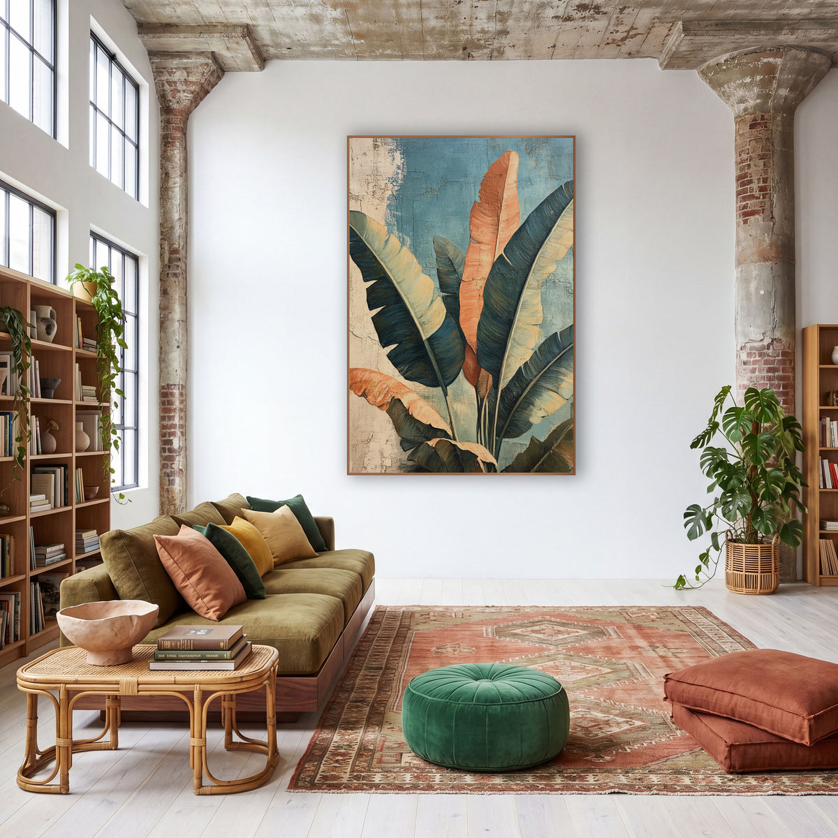 Terracotta Banana Leaf Boho Botanical wall art in a warm boho-style room – banana leaves in teal, sage green