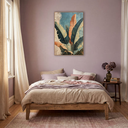 Terracotta Banana Leaf Boho Botanical wall art in a warm boho-style room – banana leaves in teal, sage green