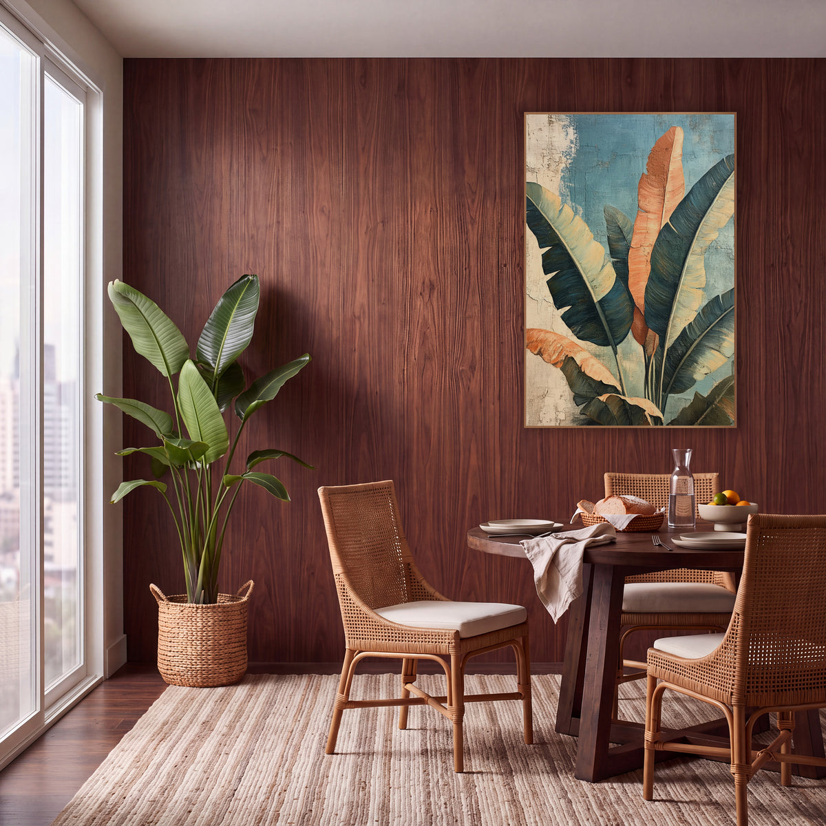 Terracotta Banana Leaf Boho Botanical wall art in a warm boho-style room – banana leaves in teal, sage green