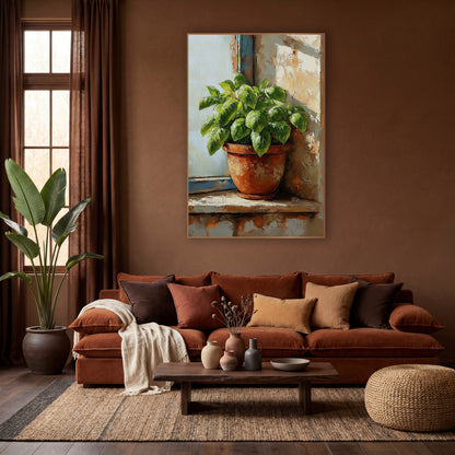 Sunlit Basil Pot Blue Window wall art in a warm boho-style room – green basil plant in a terracotta pot on a sunlit