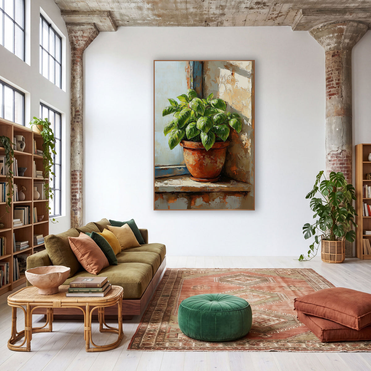 Sunlit Basil Pot Blue Window wall art in a warm boho-style room – green basil plant in a terracotta pot on a sunlit