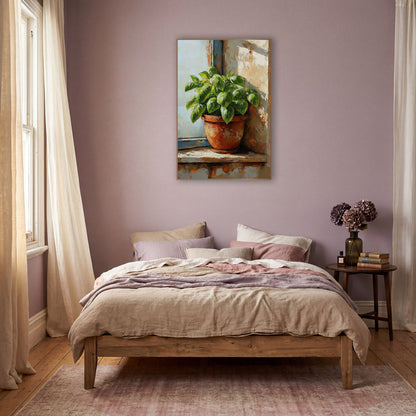 Sunlit Basil Pot Blue Window wall art in a warm boho-style room – green basil plant in a terracotta pot on a sunlit