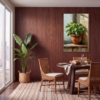 Sunlit Basil Pot Blue Window wall art in a warm boho-style room – green basil plant in a terracotta pot on a sunlit