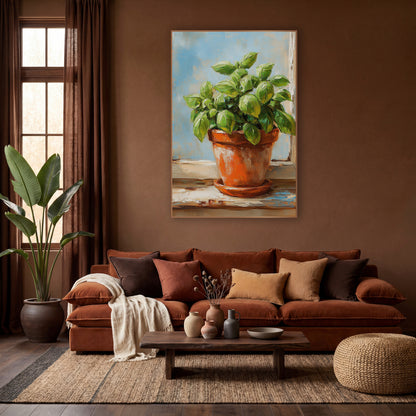 Potted Basil Herb Kitchen Botanical wall art in a warm boho-style room – basil plant with glossy green leaves