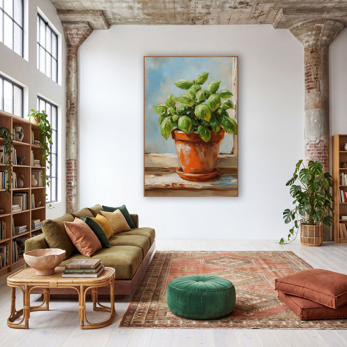 Potted Basil Herb Kitchen Botanical wall art in a warm boho-style room – basil plant with glossy green leaves