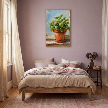 Potted Basil Herb Kitchen Botanical wall art in a warm boho-style room – basil plant with glossy green leaves