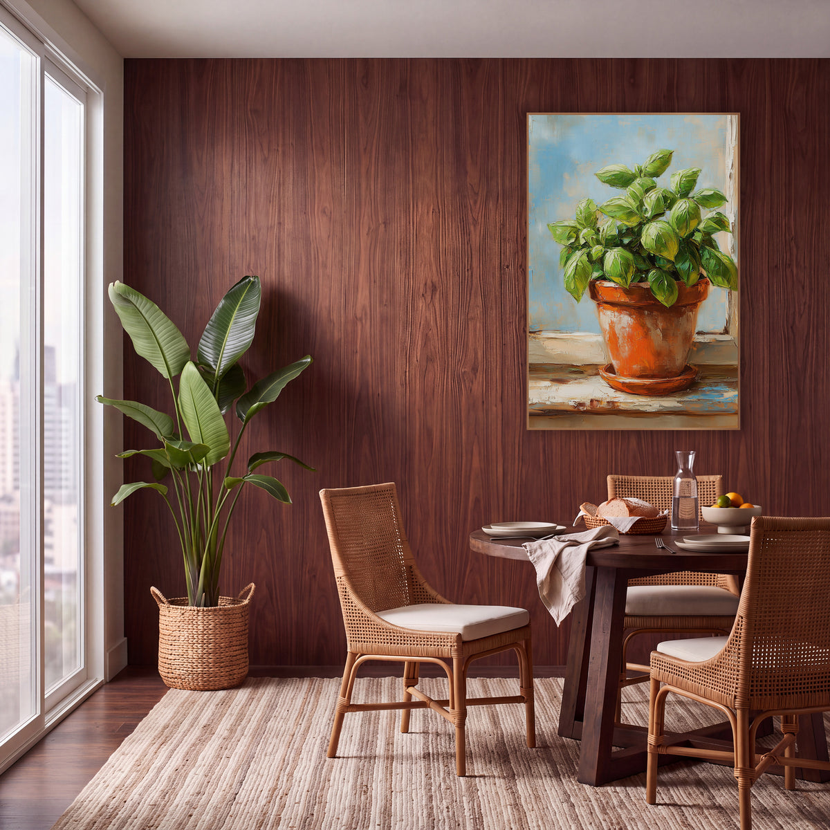 Potted Basil Herb Kitchen Botanical wall art in a warm boho-style room – basil plant with glossy green leaves