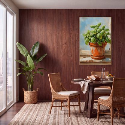 Potted Basil Herb Kitchen Botanical wall art in a warm boho-style room – basil plant with glossy green leaves