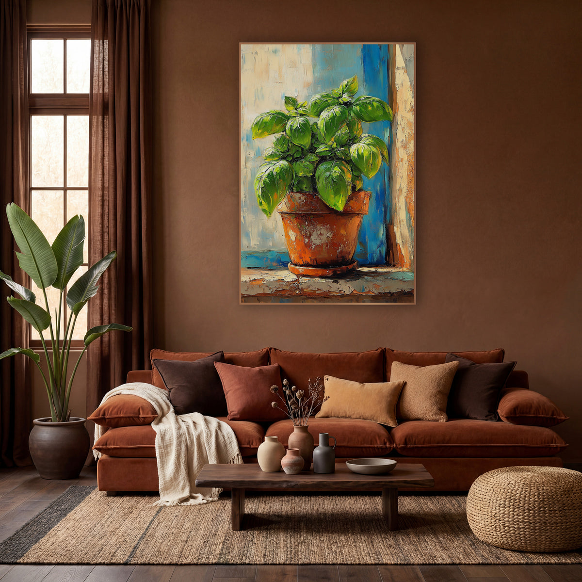 Terracotta Basil Cobalt Boho wall art in a warm boho-style room – green basil plant in a worn terracotta pot