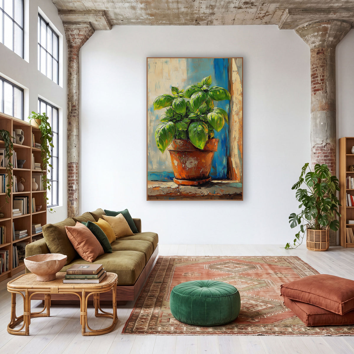 Terracotta Basil Cobalt Boho wall art in a warm boho-style room – green basil plant in a worn terracotta pot