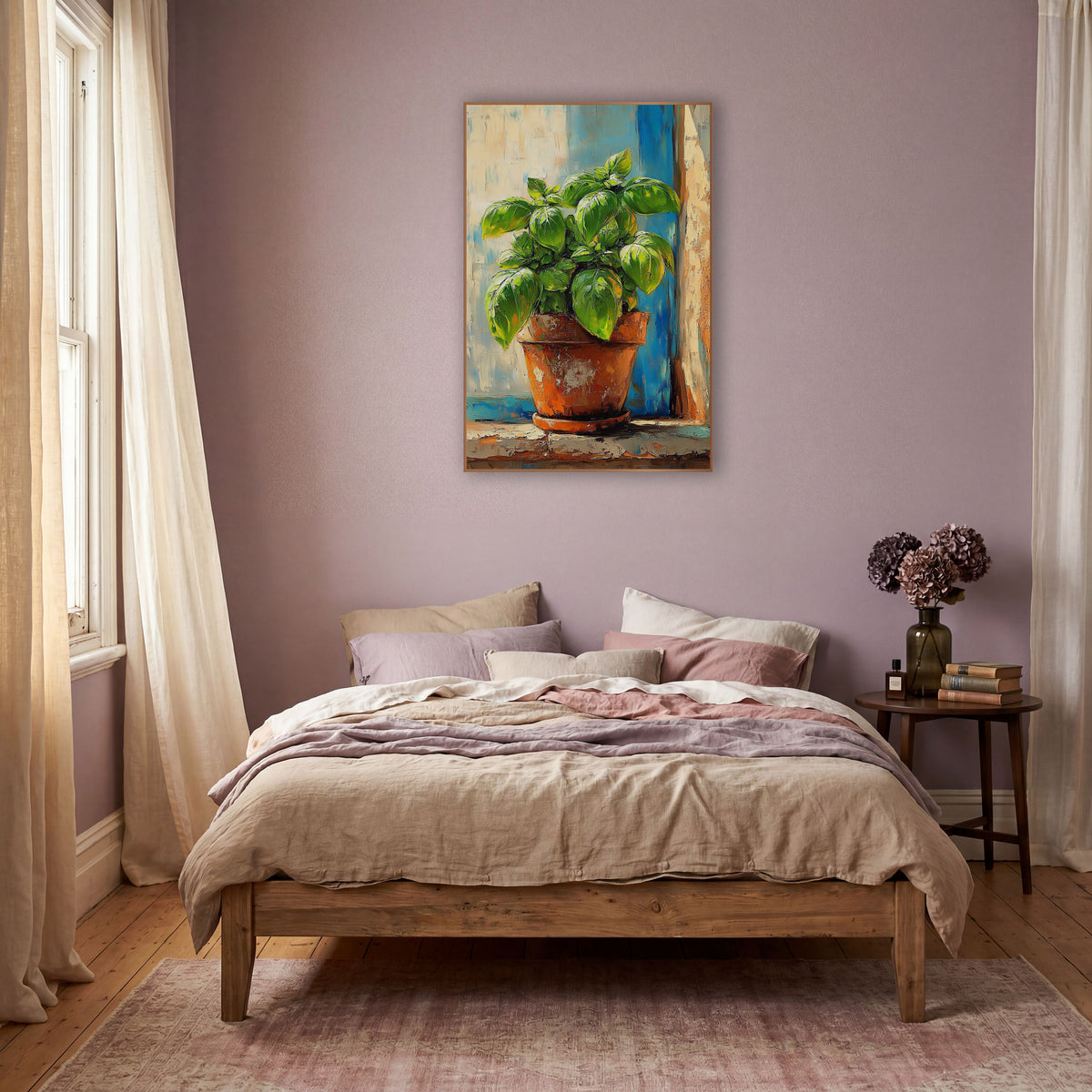 Terracotta Basil Cobalt Boho wall art in a warm boho-style room – green basil plant in a worn terracotta pot