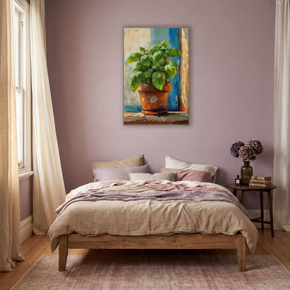 Terracotta Basil Cobalt Boho wall art in a warm boho-style room – green basil plant in a worn terracotta pot
