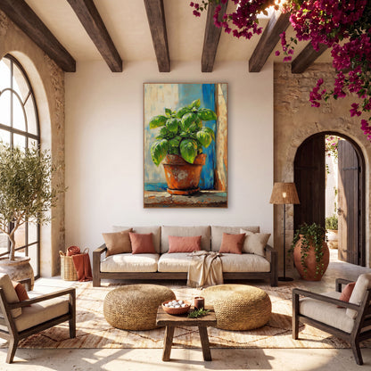 Terracotta Basil Cobalt Boho wall art in a warm boho-style room – green basil plant in a worn terracotta pot