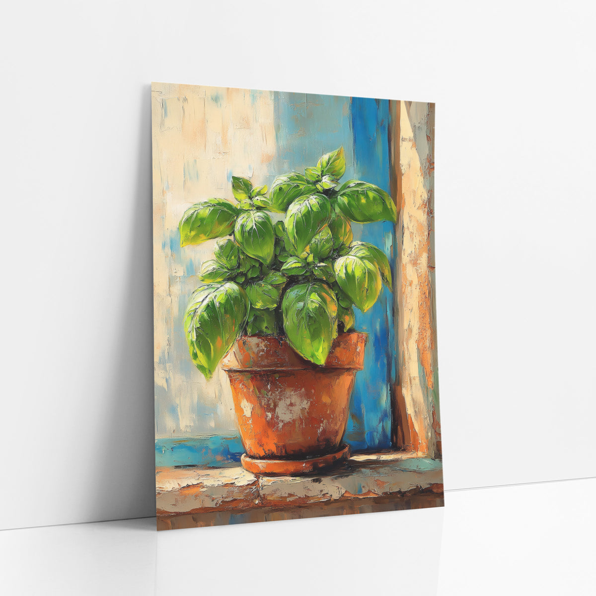 Terracotta Basil Cobalt Boho art print leaning against a white wall – green basil plant in a worn terracotta pot on a stone