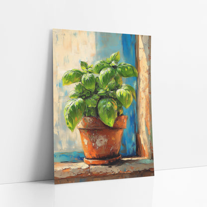 Terracotta Basil Cobalt Boho art print leaning against a white wall – green basil plant in a worn terracotta pot on a stone