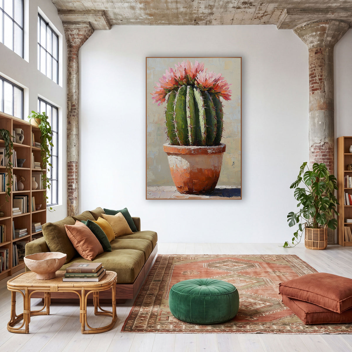 Blooming Cactus Terracotta Pot Boho wall art in a warm boho-style room – round green barrel cactus with pink and coral