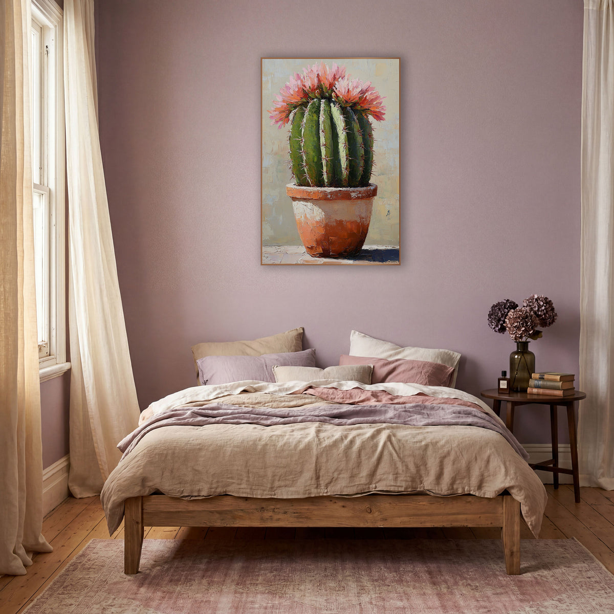 Blooming Cactus Terracotta Pot Boho wall art in a warm boho-style room – round green barrel cactus with pink and coral