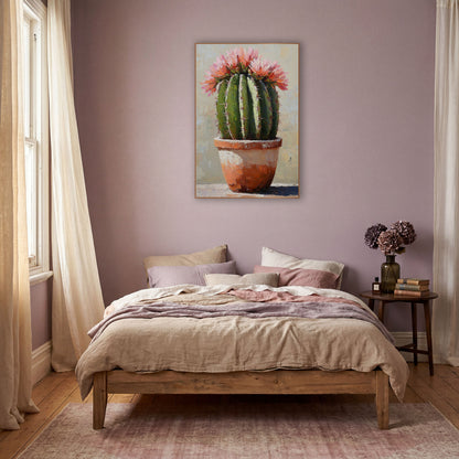 Blooming Cactus Terracotta Pot Boho wall art in a warm boho-style room – round green barrel cactus with pink and coral