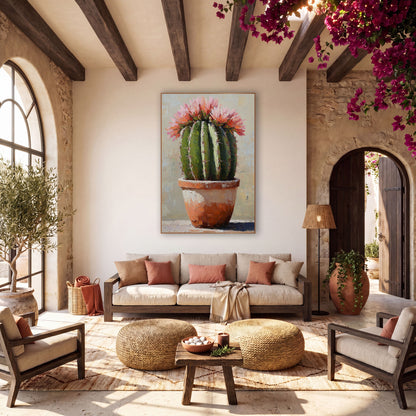 Blooming Cactus Terracotta Pot Boho wall art in a warm boho-style room – round green barrel cactus with pink and coral