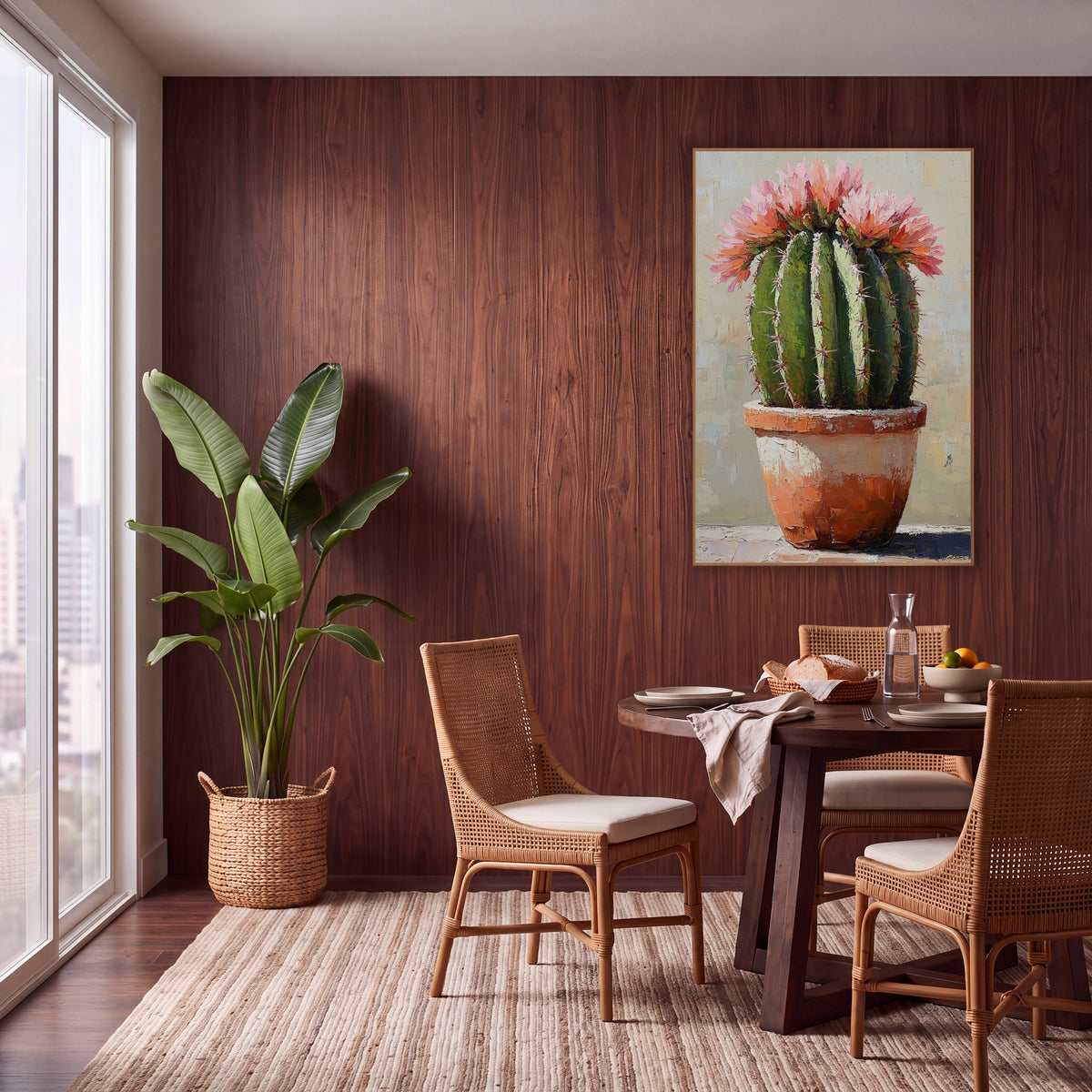 Blooming Cactus Terracotta Pot Boho wall art in a warm boho-style room – round green barrel cactus with pink and coral