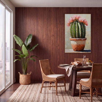 Blooming Cactus Terracotta Pot Boho wall art in a warm boho-style room – round green barrel cactus with pink and coral