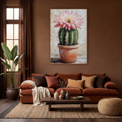 Single Pink Cactus Flower Cracked Plaster wall art in a warm boho-style room – round green cactus with a large pink