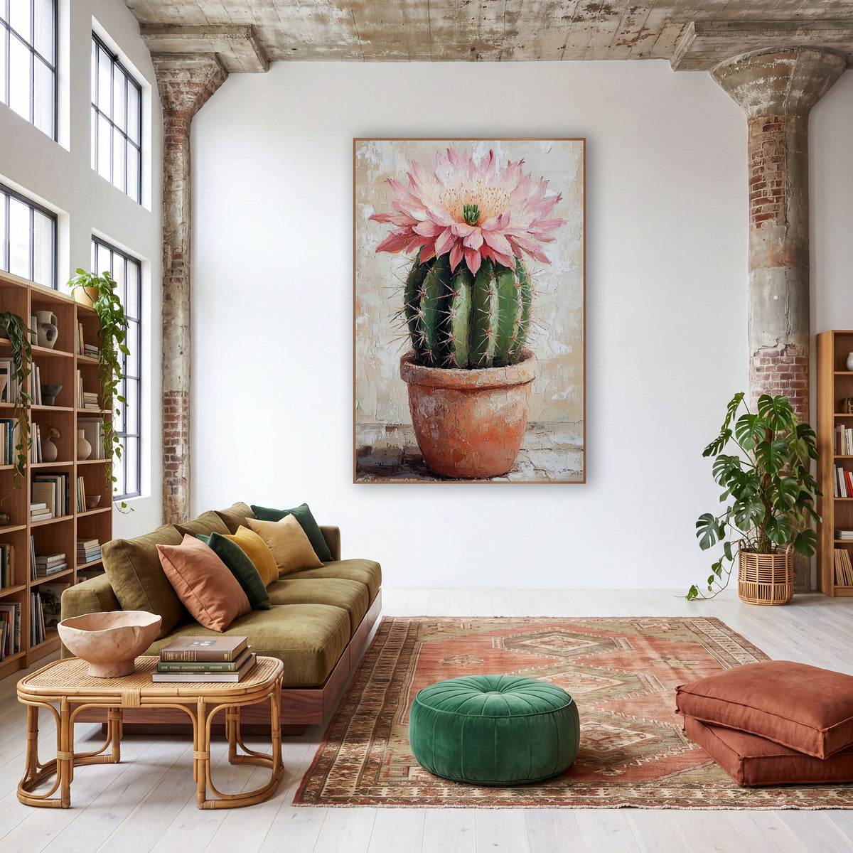 Single Pink Cactus Flower Cracked Plaster wall art in a warm boho-style room – round green cactus with a large pink