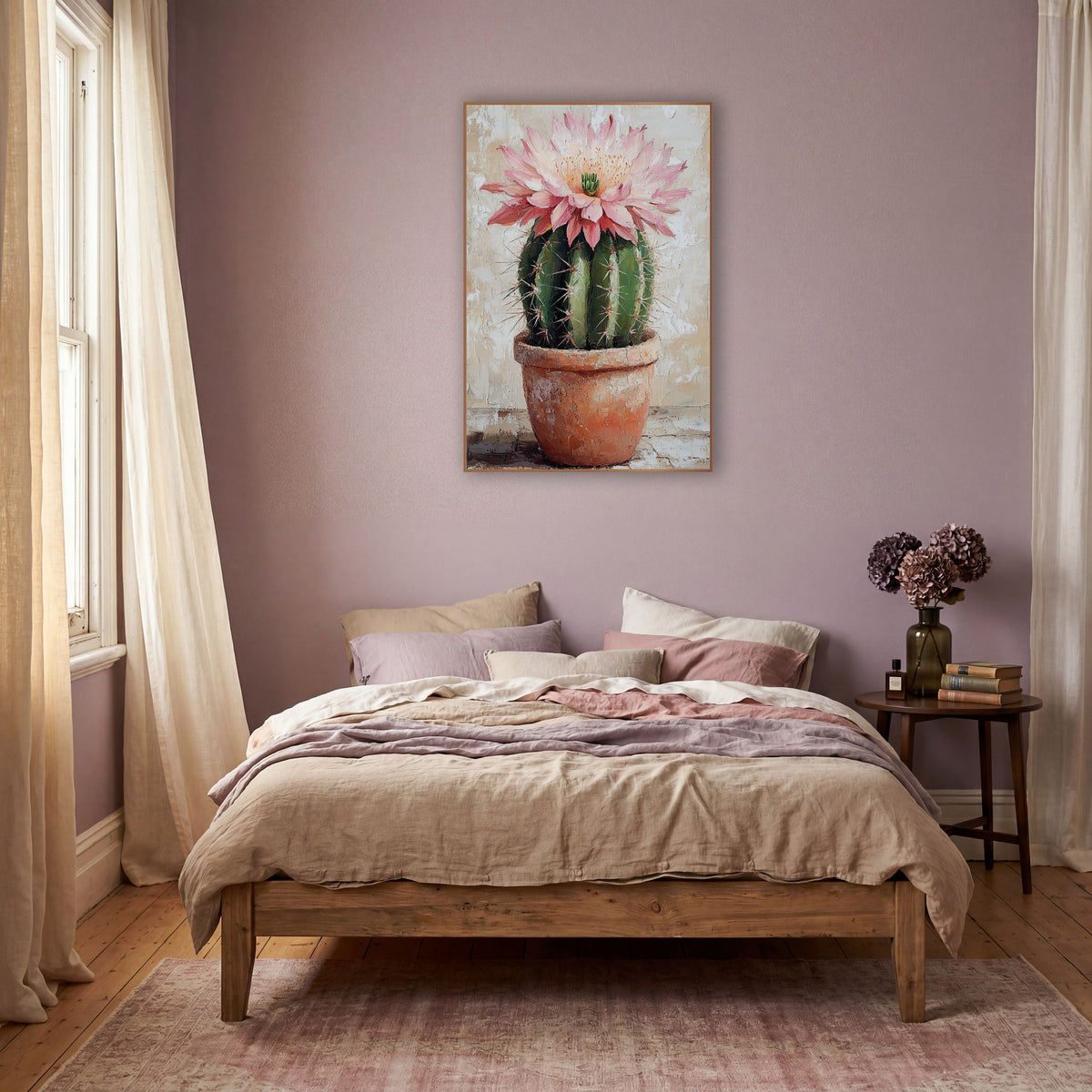 Single Pink Cactus Flower Cracked Plaster wall art in a warm boho-style room – round green cactus with a large pink