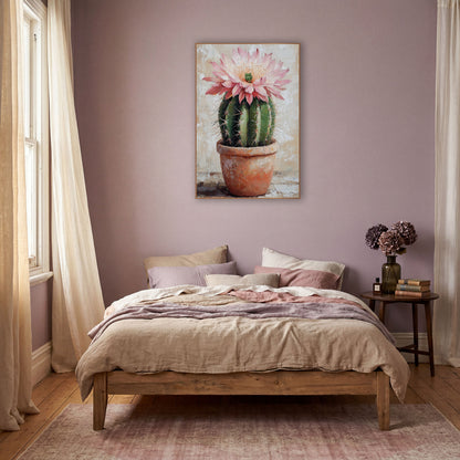 Single Pink Cactus Flower Cracked Plaster wall art in a warm boho-style room – round green cactus with a large pink