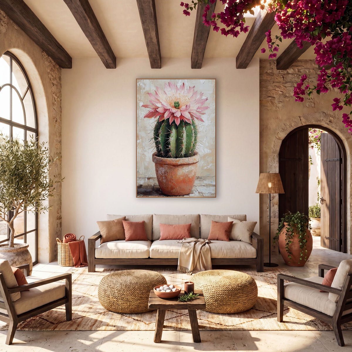 Single Pink Cactus Flower Cracked Plaster wall art in a warm boho-style room – round green cactus with a large pink