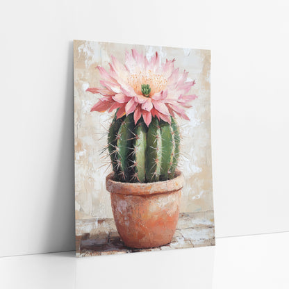 Single Pink Cactus Flower Cracked Plaster art print leaning against a white wall – round green cactus with a large pink