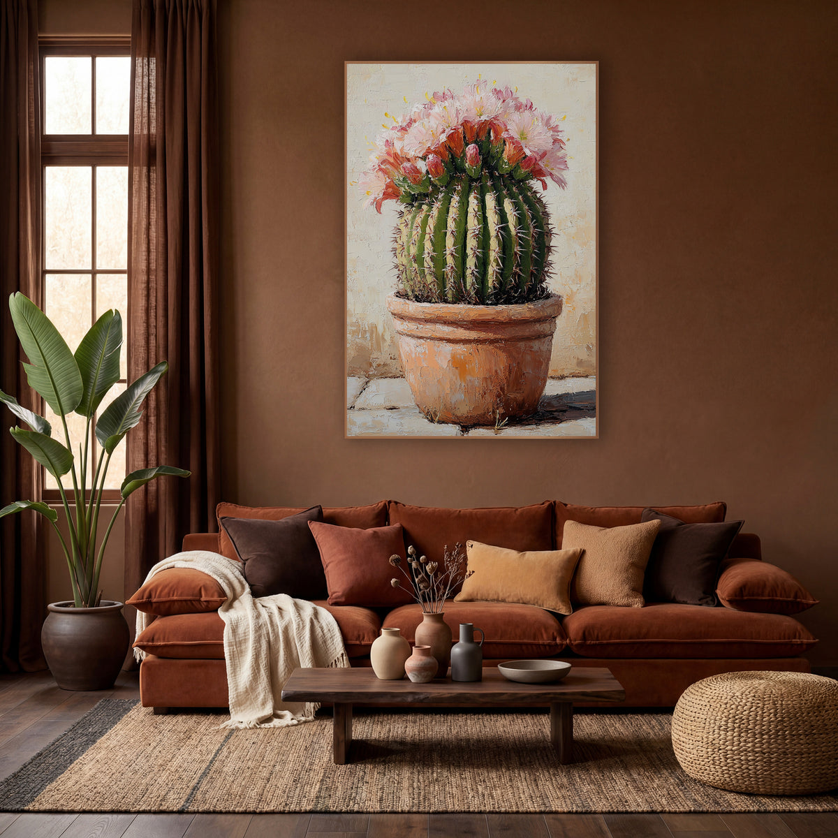 Budding Barrel Cactus Flower Cluster Painterly wall art in a warm boho-style room – round green barrel cactus