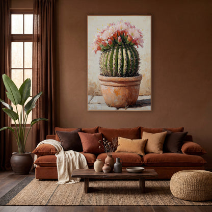 Budding Barrel Cactus Flower Cluster Painterly wall art in a warm boho-style room – round green barrel cactus