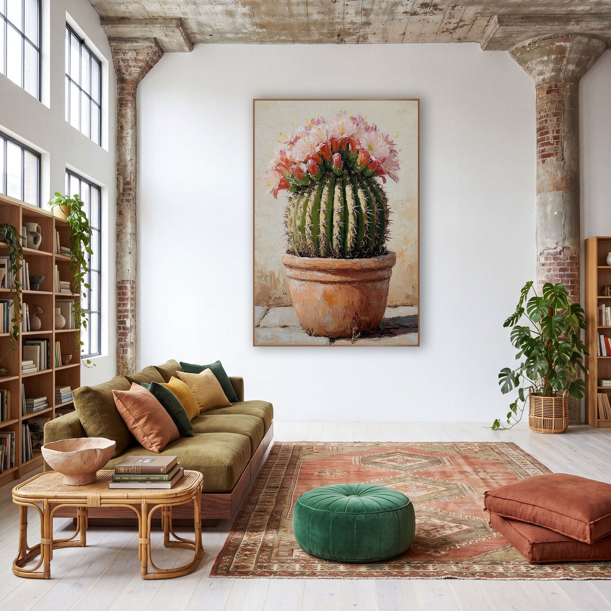 Budding Barrel Cactus Flower Cluster Painterly wall art in a warm boho-style room – round green barrel cactus