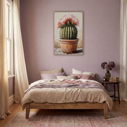 Budding Barrel Cactus Flower Cluster Painterly wall art in a warm boho-style room – round green barrel cactus
