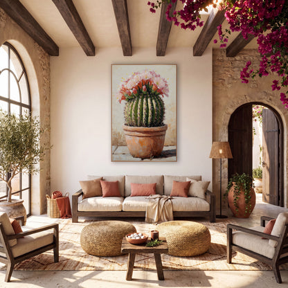 Budding Barrel Cactus Flower Cluster Painterly wall art in a warm boho-style room – round green barrel cactus