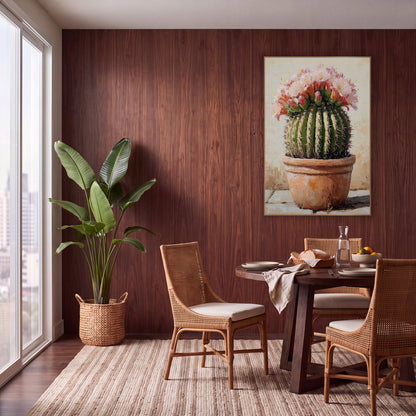 Budding Barrel Cactus Flower Cluster Painterly wall art in a warm boho-style room – round green barrel cactus