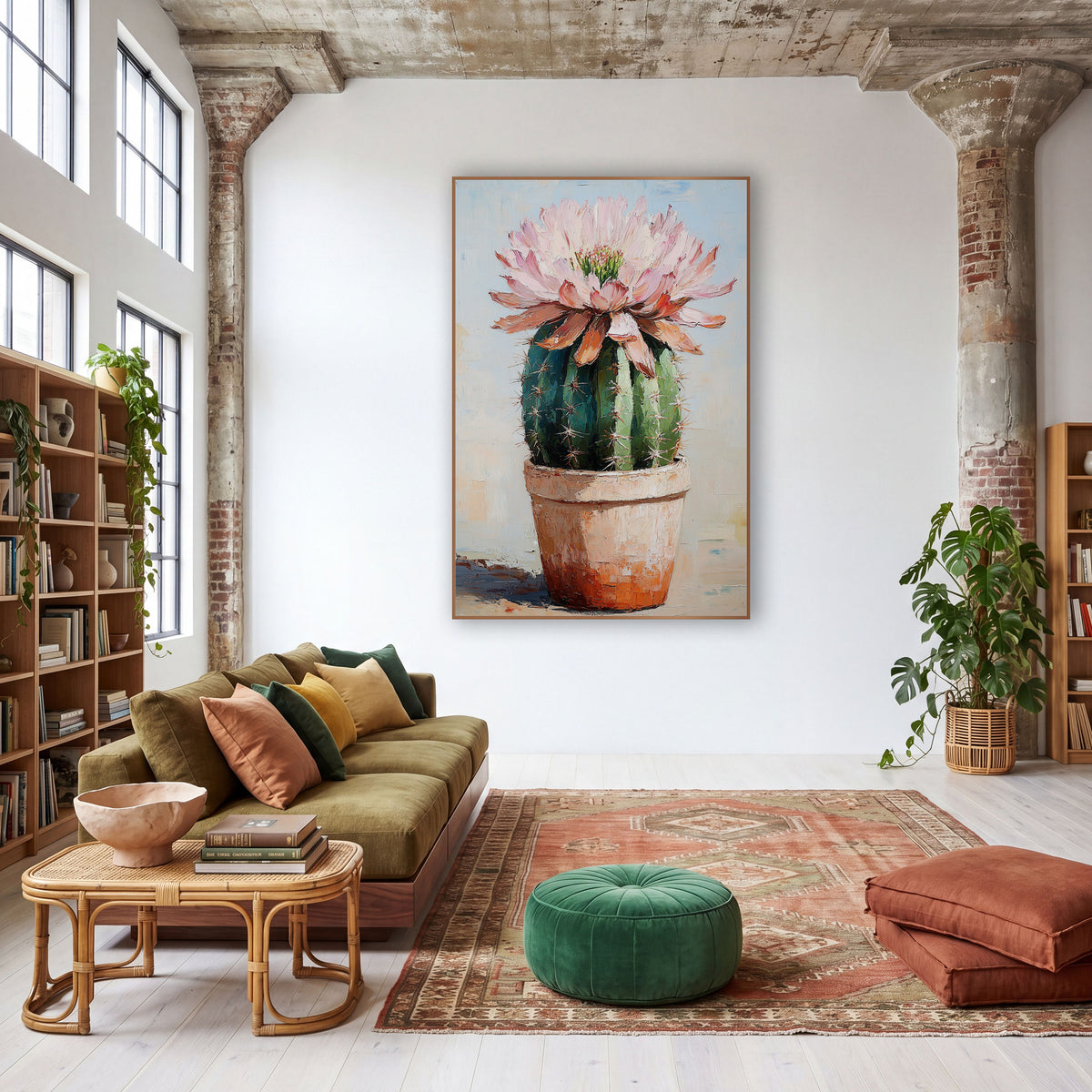 Pink Cactus Bloom Pale Blue Backdrop wall art in a warm boho-style room – round green barrel cactus with a crown
