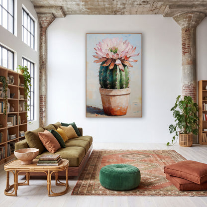 Pink Cactus Bloom Pale Blue Backdrop wall art in a warm boho-style room – round green barrel cactus with a crown