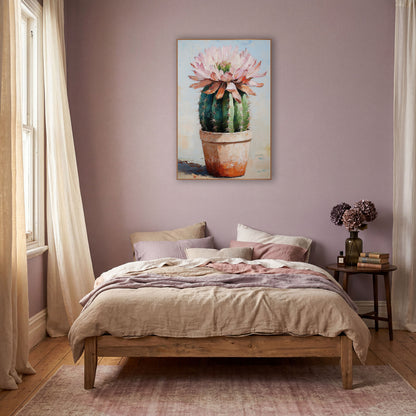 Pink Cactus Bloom Pale Blue Backdrop wall art in a warm boho-style room – round green barrel cactus with a crown