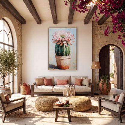 Pink Cactus Bloom Pale Blue Backdrop wall art in a warm boho-style room – round green barrel cactus with a crown