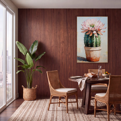 Pink Cactus Bloom Pale Blue Backdrop wall art in a warm boho-style room – round green barrel cactus with a crown
