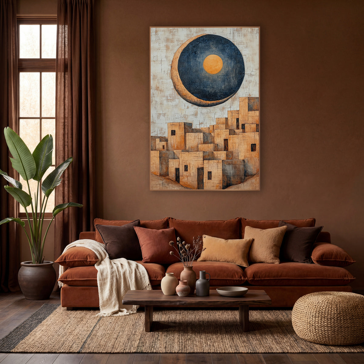 Looming Moon Pueblo Boho wall art in a warm boho-style room – large navy crescent moon with orange center above
