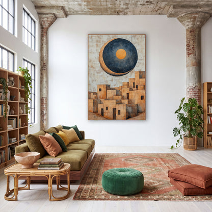 Looming Moon Pueblo Boho wall art in a warm boho-style room – large navy crescent moon with orange center above